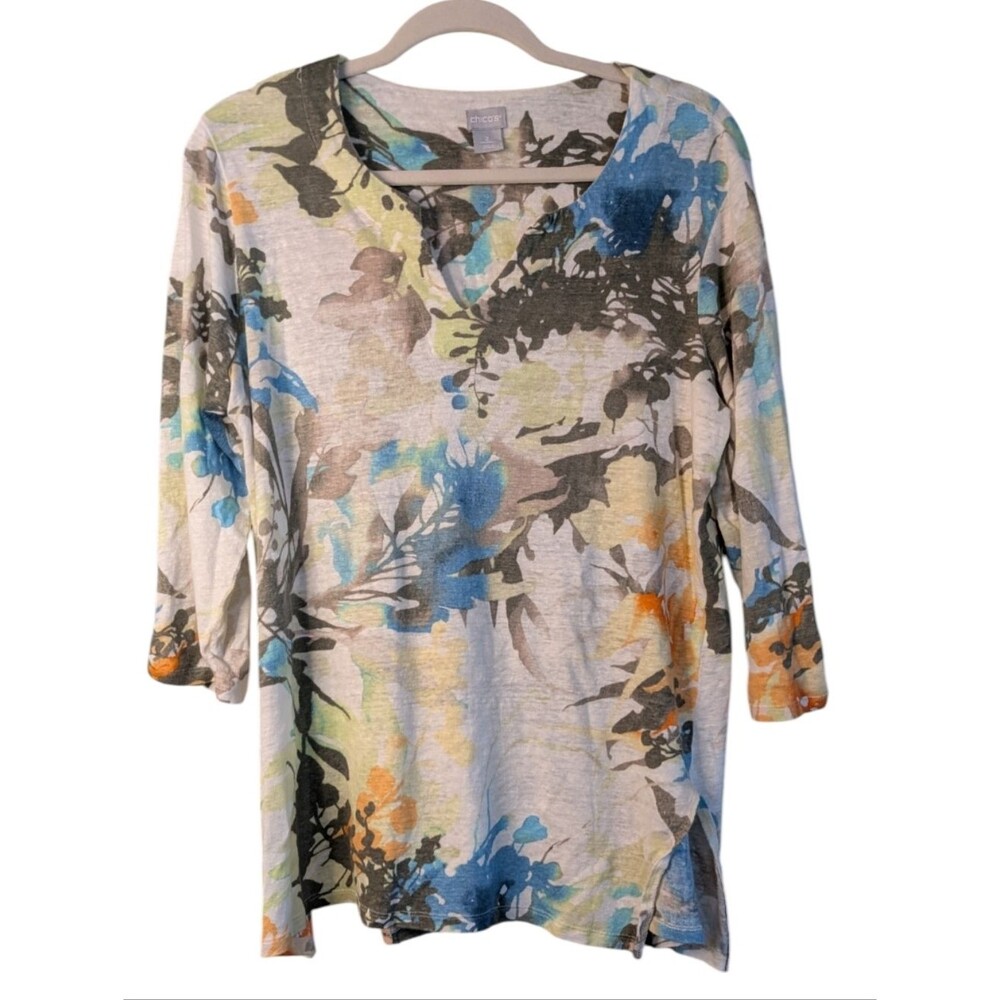 Chico’s Coastal Watercolor Floral Linen Top Breezy Summer Tunic size 2/Large